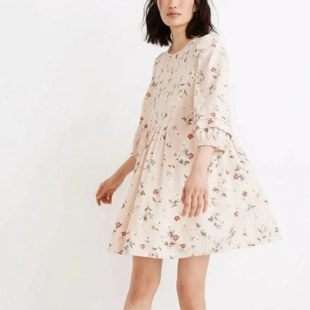 Madewell Puntuck Puff Sleeve Mini Dress in Seaside Floral | Size L